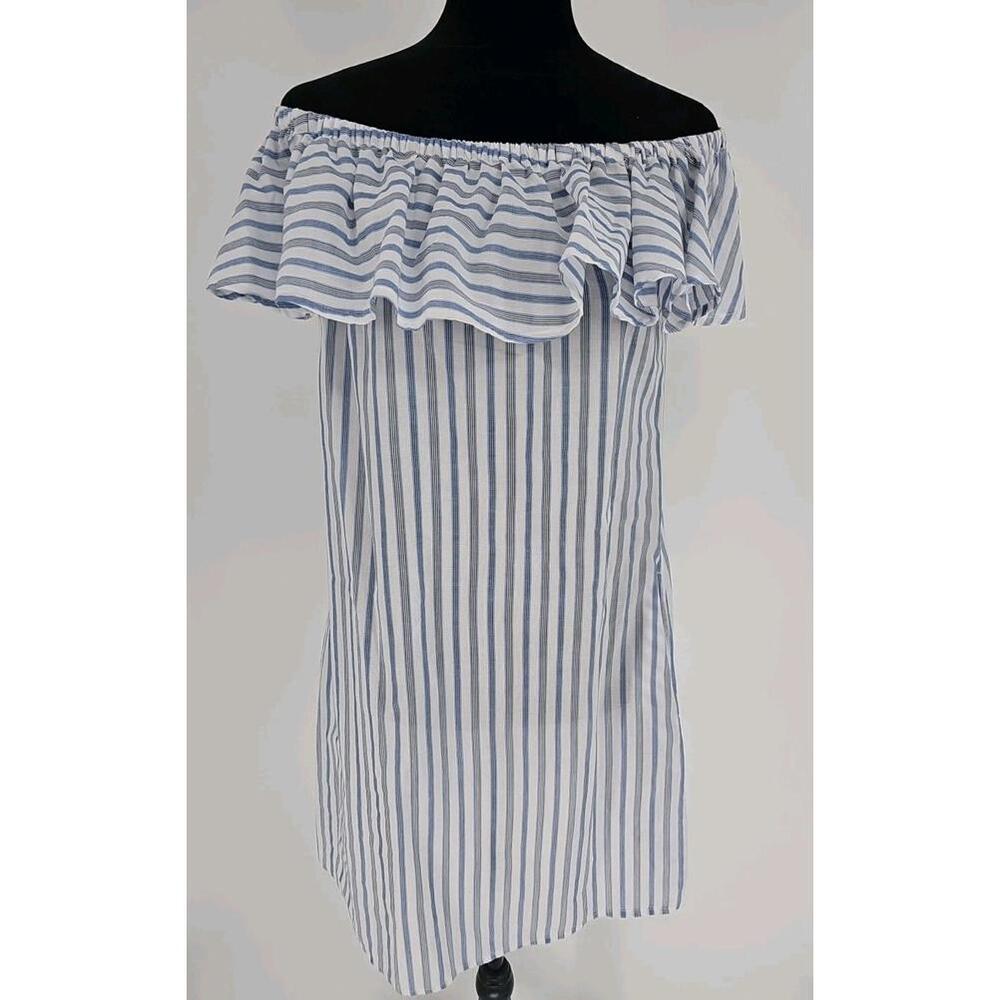 Tommy Bahama Ticking Stripe Off The Shoulder Cover-Up Dress Pockets Size Xs Tall
